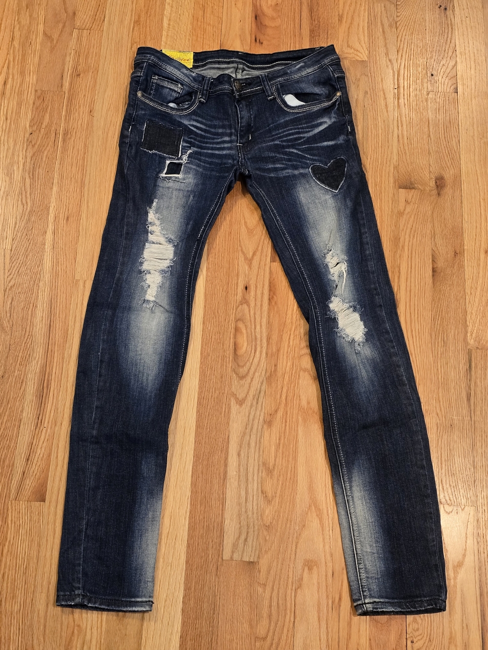 Machine Womens Distressed Navy Skinny Jeans with Patch Accents